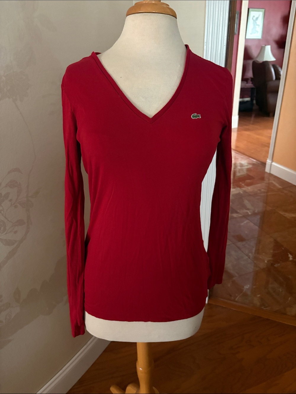 Lacoste Women's V-Neck Long Sleeve Tee in Deep Red